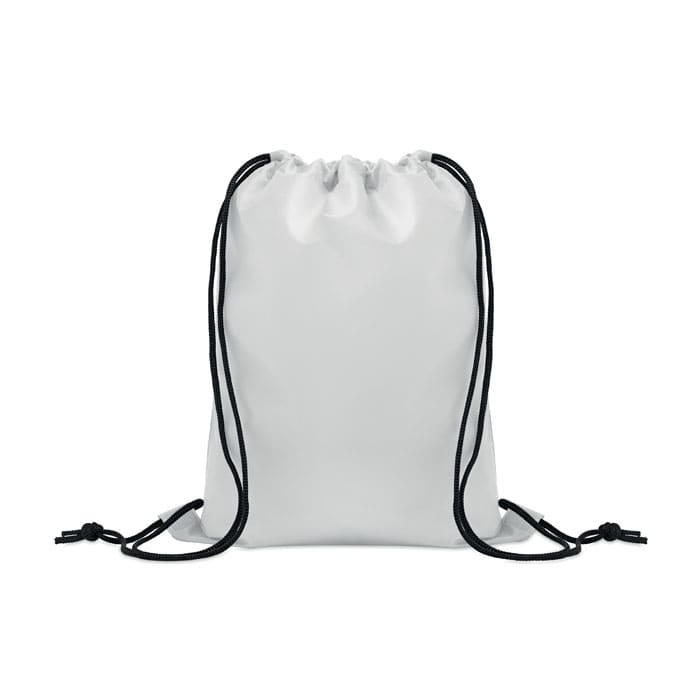 A drawstring bag in white with black cords, featuring a simple design and no visible logos or branding.