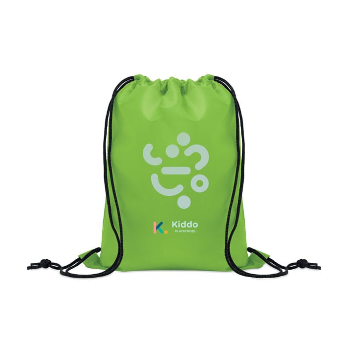 A green drawstring backpack featuring a logo and decorative design elements in lighter shades.