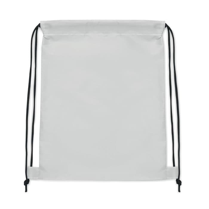 A lightweight drawstring bag in white with black cord straps. It features a simple design and has a logo.