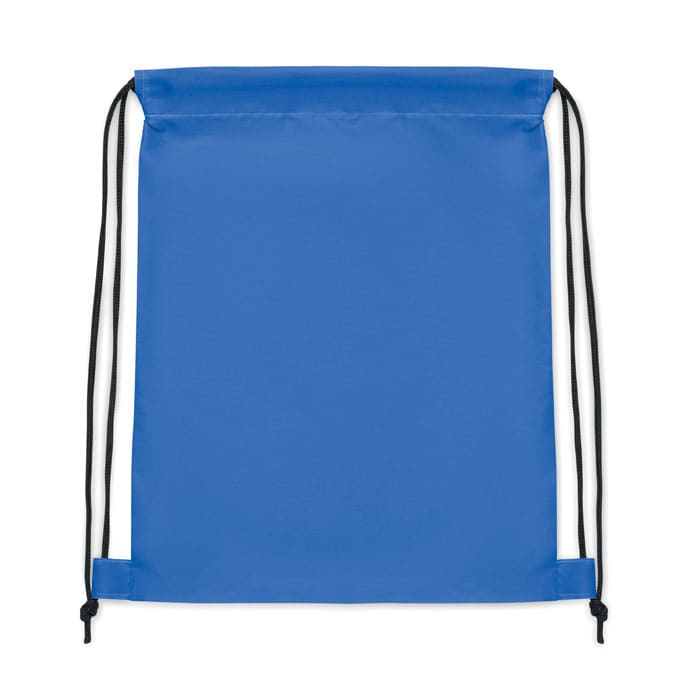 A blue drawstring backpack with black cords on either side. It has no visible branding or logos.