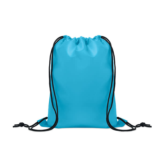 A drawstring backpack in a vibrant turquoise colour with black cords. Features a simple design and no visible branding.