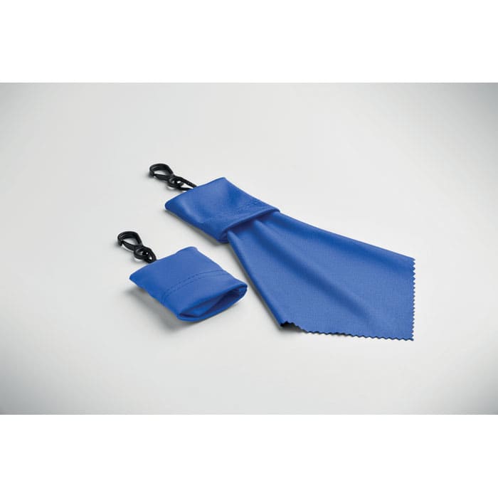 A blue cleaning cloth and pouch, both featuring attachment clips. The cloth is folded and lies beside the pouch.