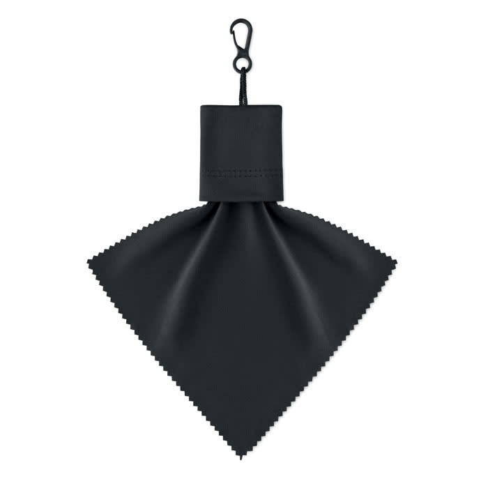 A black folding umbrella with a compact design and a clip for easy attachment.