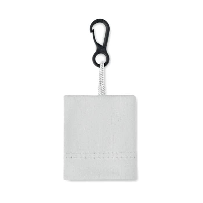 A light grey pouch with a black clip attached, designed for storage or carrying small items.