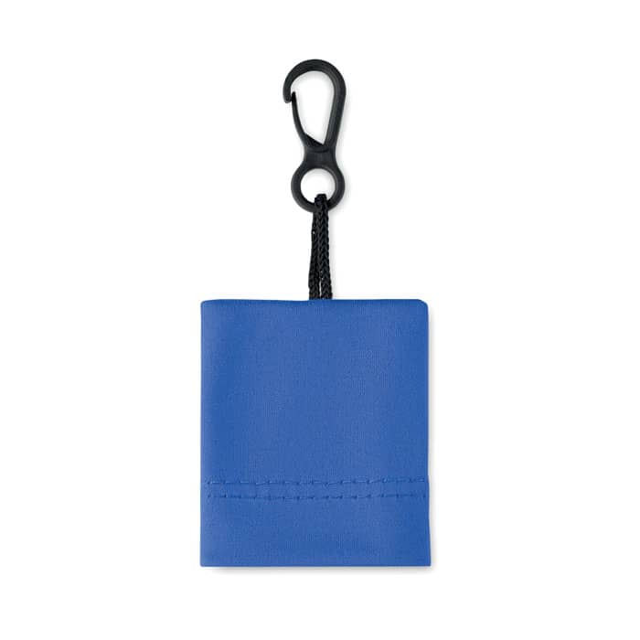 A blue pouch with a black hook and strap, designed for storage or attachment.