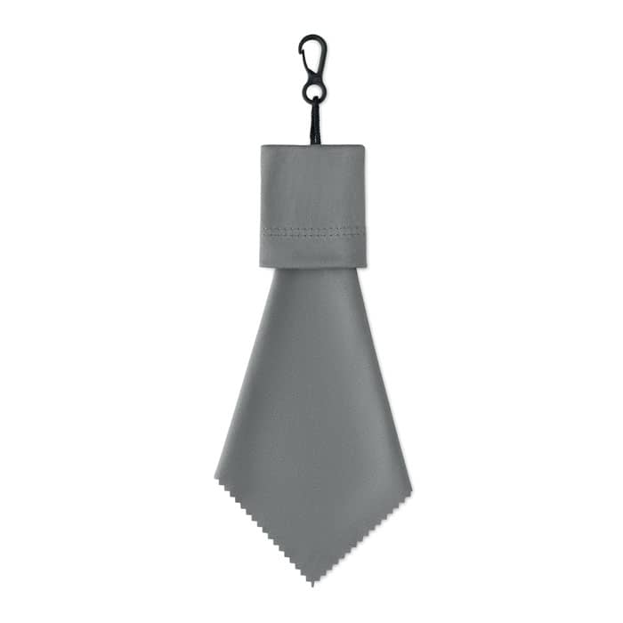 A grey cleaning cloth with a clip attachment, featuring a smooth, triangular shape.