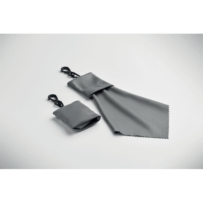 A grey cleaning cloth and pouch, both featuring loops for attachment, displayed on a light background.