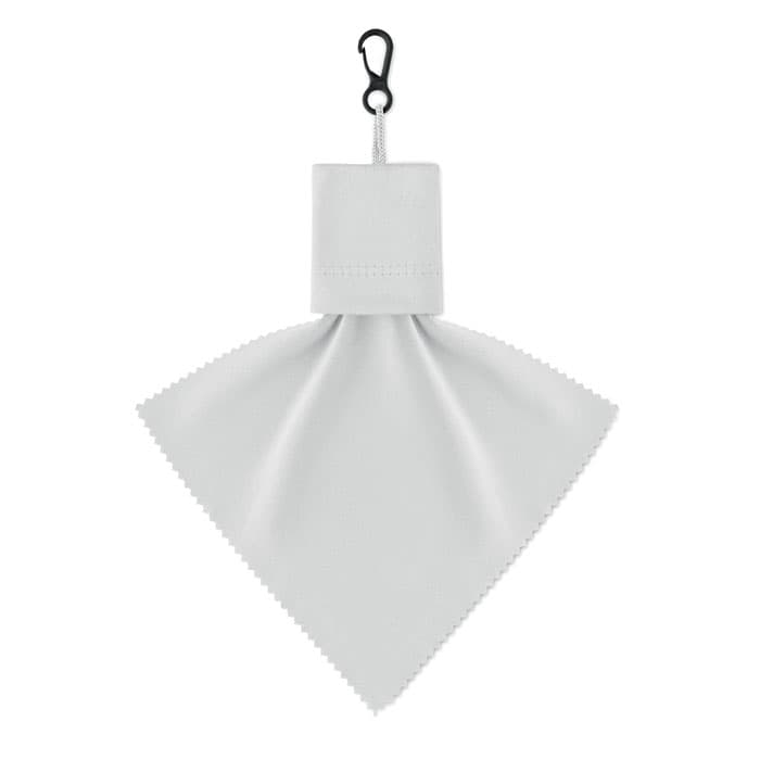 A white cleaning cloth with a hook at the top for easy attachment. It features a triangular shape and stitched edges.