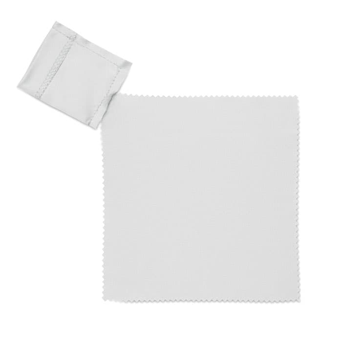 A cleaning cloth in grey, with a textured edge. Includes a small pouch attached for convenient storage.