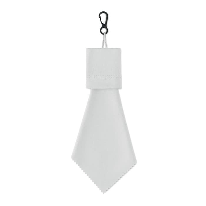 A white cleaning cloth with a clip for attachment, featuring a triangular shape and stitched edges.