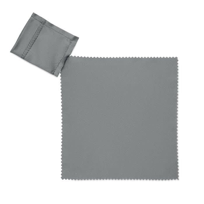 A grey cleaning cloth and a smaller matching pouch, both made of soft fabric.