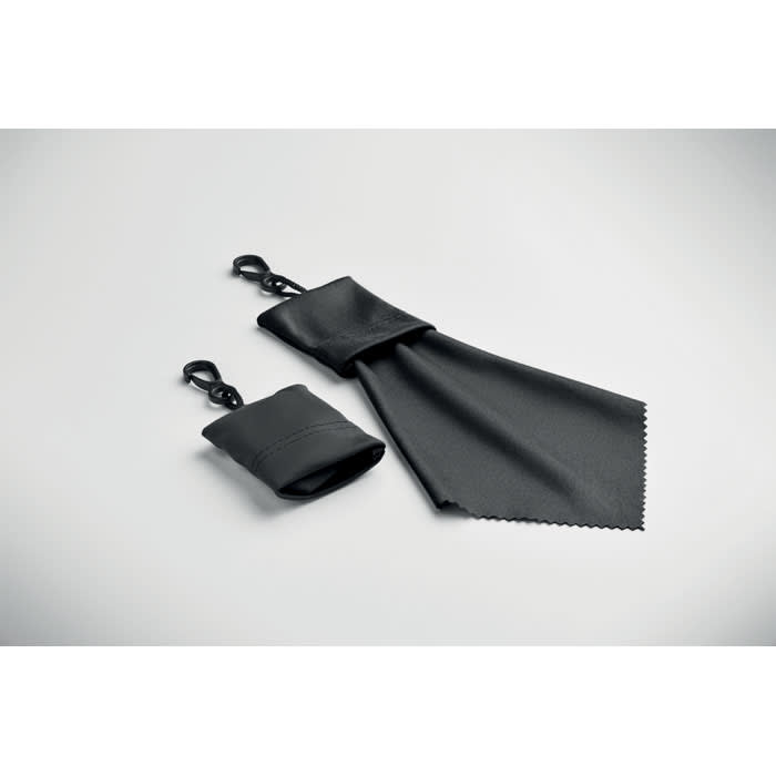 A cleaning cloth and pouch in black, designed for lens or screen care. The pouch features a fastening clip.