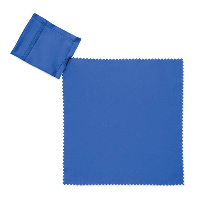 A blue cleaning cloth with a foldable pouch for storage. The edges are finished with a zigzag pattern.