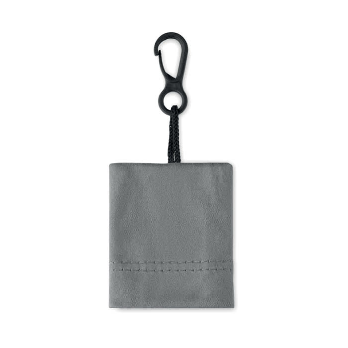 A grey pouch with a hook for easy attachment, featuring a simple stitched design.