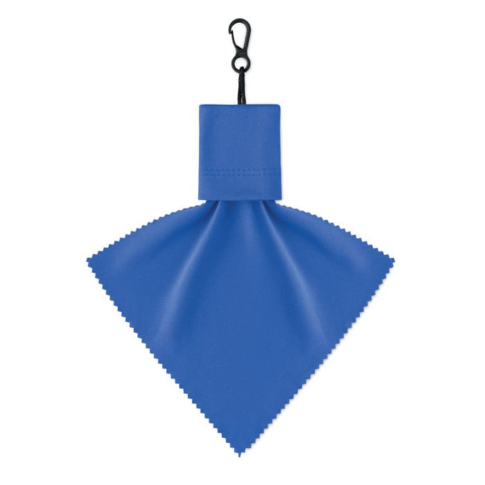 A blue compact umbrella with a matching pouch and a hook for attachment. The umbrella is folded in a triangular shape.
