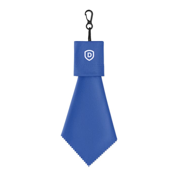 A blue cleaning cloth with a foldable design and a clip. Features a logo on the top section.