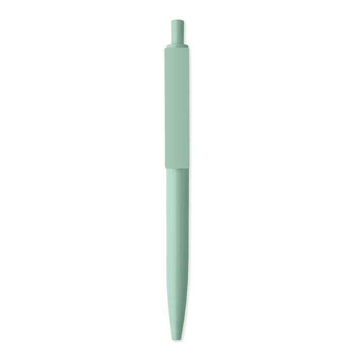 A mint green pen with a sleek design and a cap at the top, featuring a logo on the body.