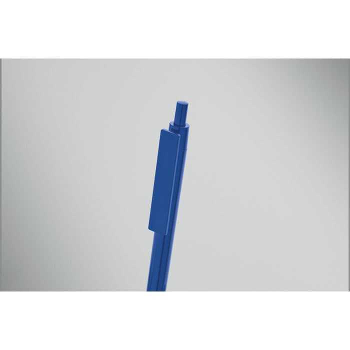 A blue pen with a retractable mechanism and a sleek design. It features a smooth barrel and a clip for attachment.