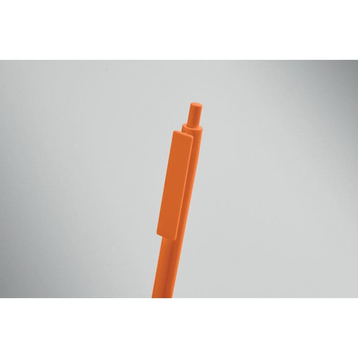 An orange drink bottle with a slim design and a top opening, featuring a branding logo.
