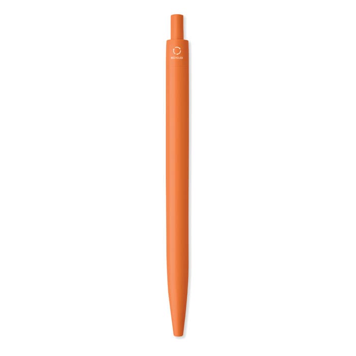 An orange pen with a smooth finish and a clip, featuring a small logo at the top.