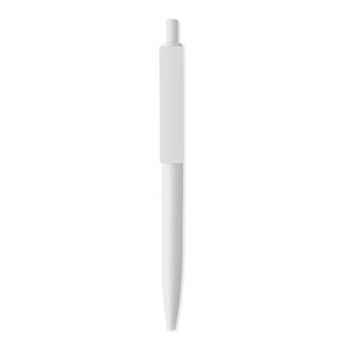 A white pen with a smooth barrel and a cap at the top, featuring a simple design and no visible branding.