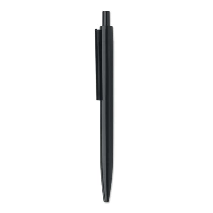 A black pen with a sleek design and a clip for easy attachment. The pen has a smooth writing tip.