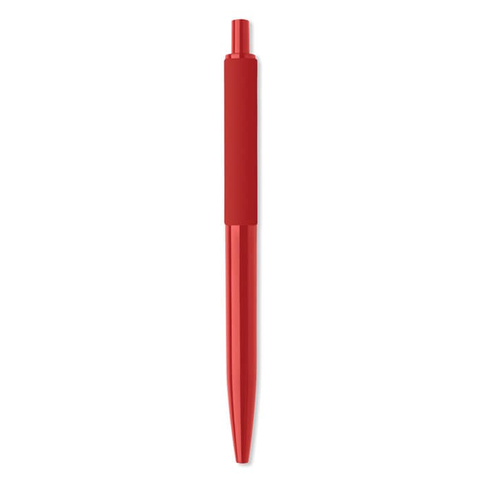 A red pen with a sleek, tapered design and a glossy finish, featuring a logo on the barrel.