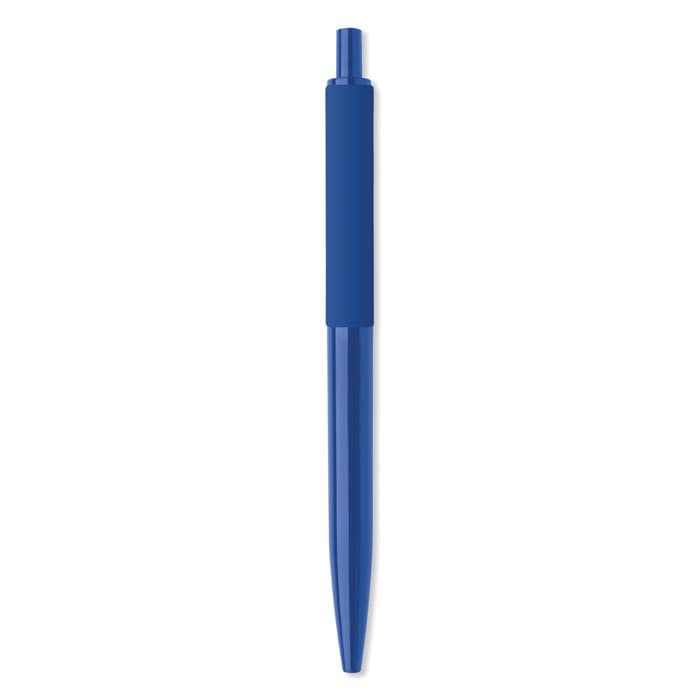 A blue ballpoint pen with a sleek design and a removable cap. It features a comfortable grip.
