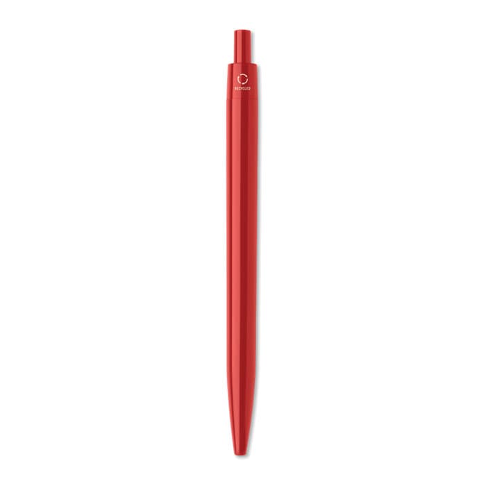A red pen featuring a smooth, elongated design and a logo on the barrel.