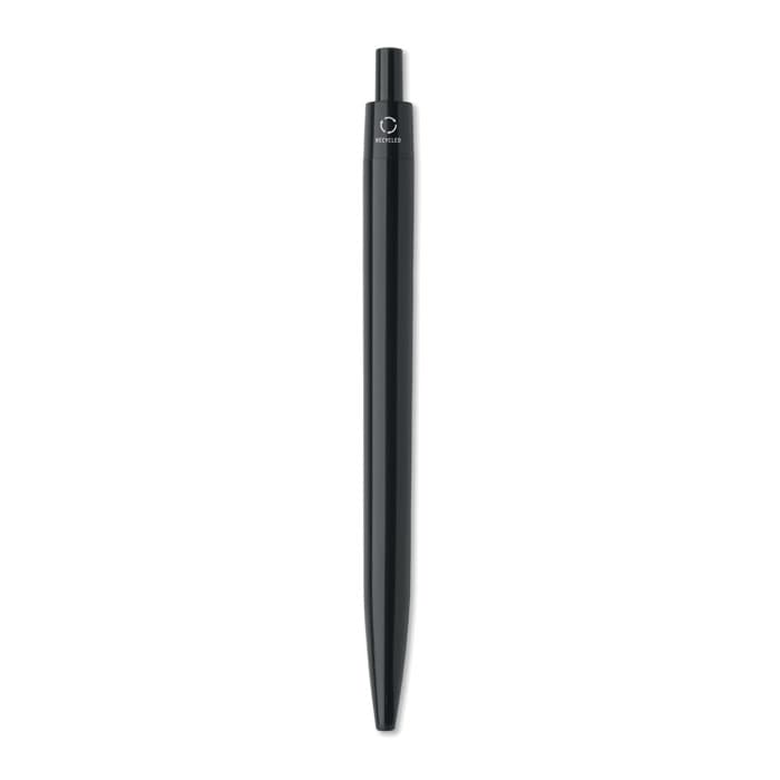 A black pen with a sleek, tapered design and a back button, featuring a branding logo at the top.