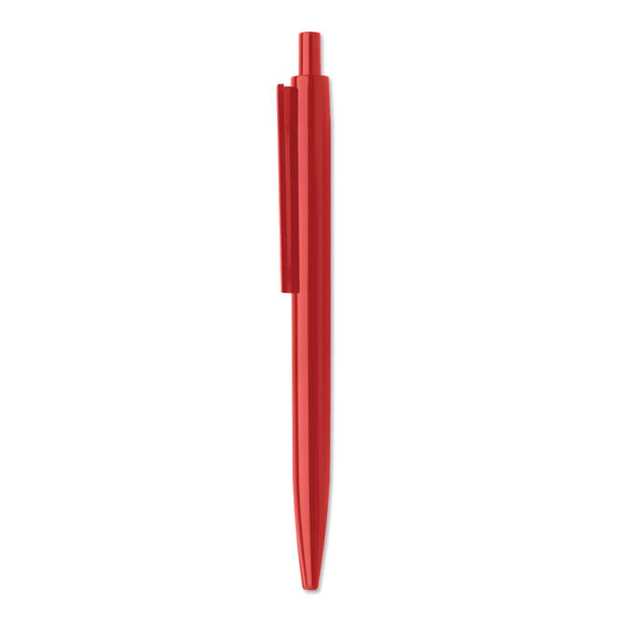 A red pen with a sleek design and a clip for easy attachment. The pen has a smooth, glossy finish.