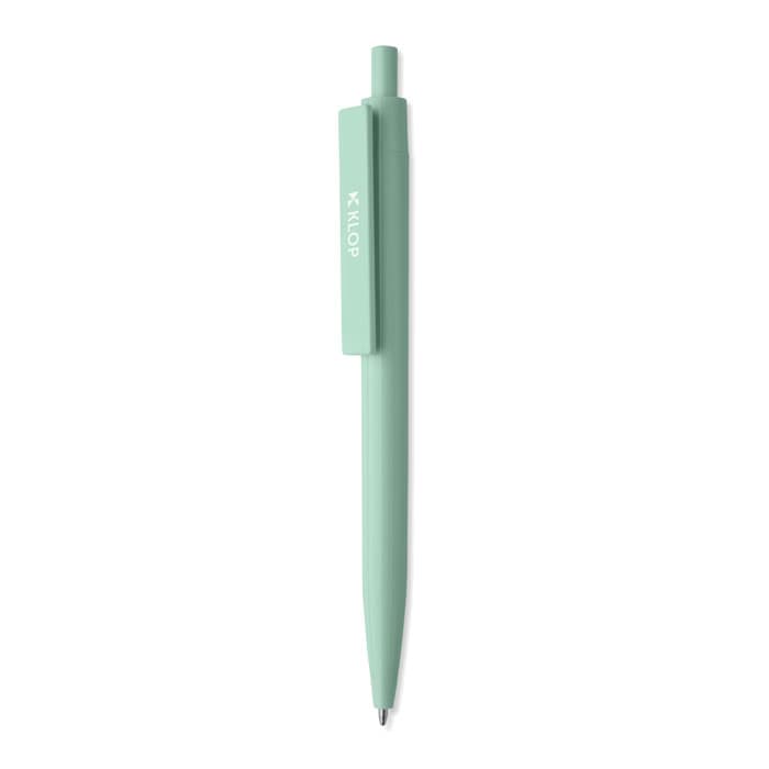 A pen in a mint green colour with a smooth finish and a clip on the side. It has a simple, modern design.