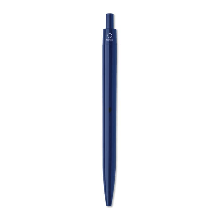 A blue pen with a sleek design and a branding logo at the top. The pen has a smooth, tapered shape.