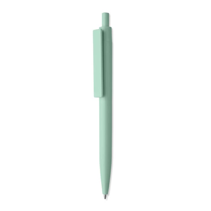A mint green pen with a sleek design and a clip on the side, featuring a simple, unadorned surface.