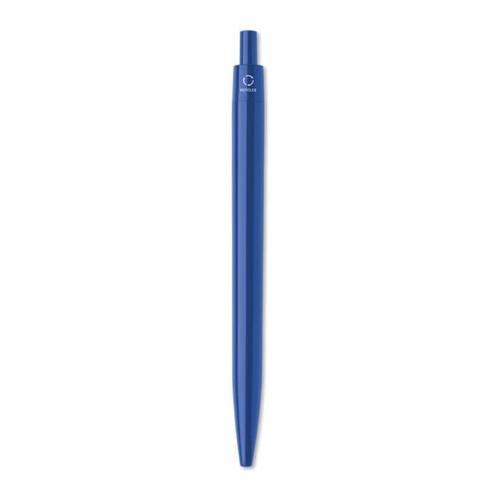 A blue pen with a smooth, elongated design and a rounded tip. It features a logo near the top.