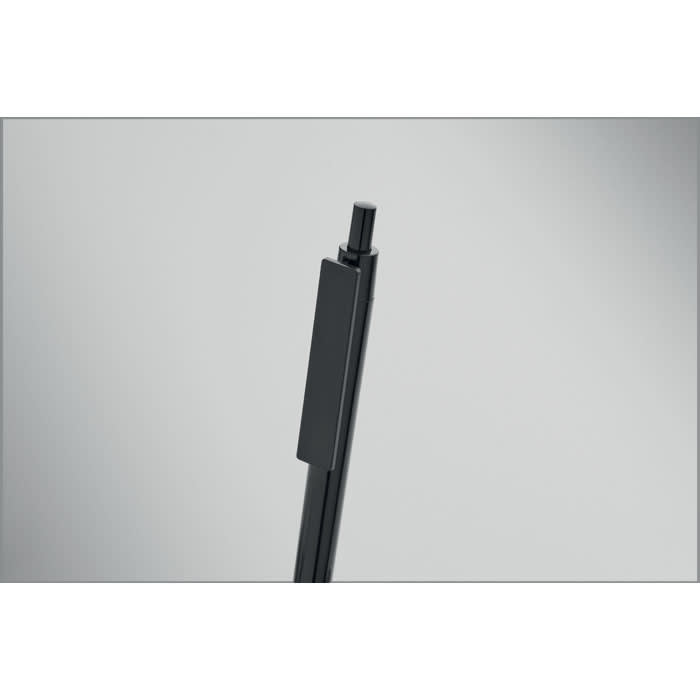 A black pen with a sleek design and a retractable tip, featuring a branding logo on the side.