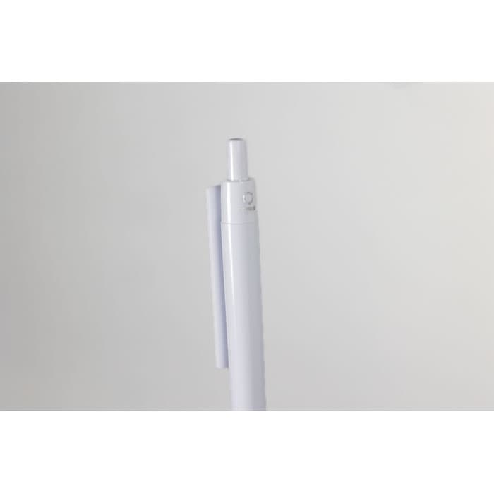 A pen in white with a simple design and a clip. The pen has a smooth finish and is pointed at the top.