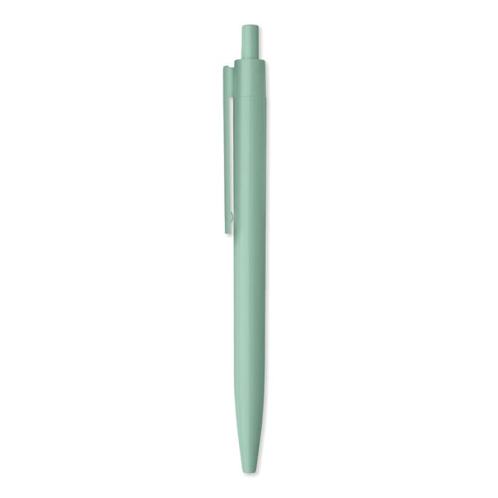 A pen in a soft mint green colour, featuring a sleek design and a clip.