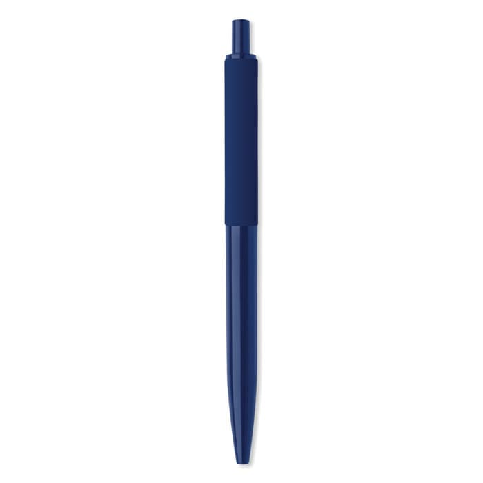 A blue pen with a smooth barrel and a push-button mechanism, featuring a simple design.