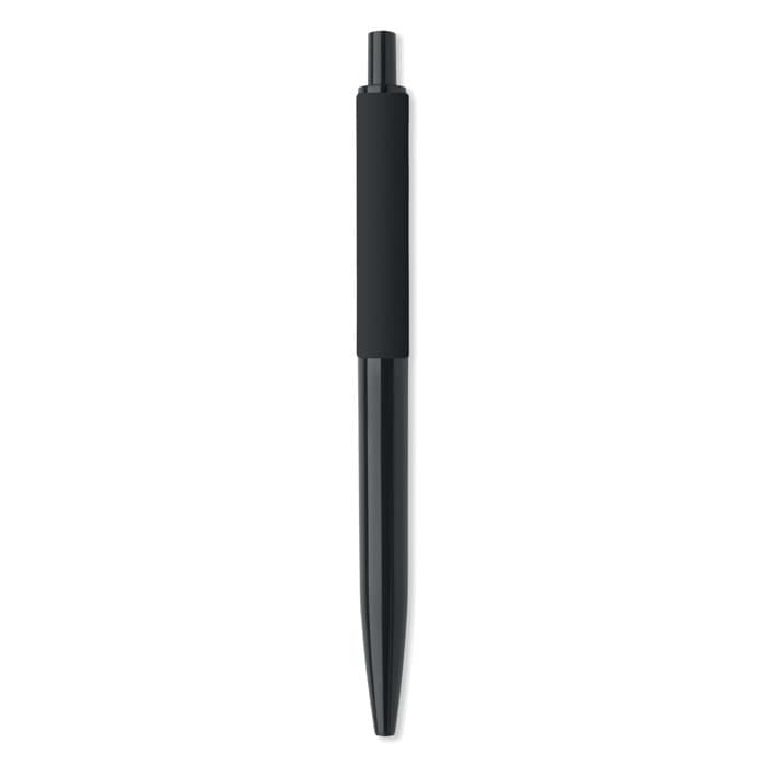 A black pen with a smooth finish and a comfortable grip, featuring a click mechanism.