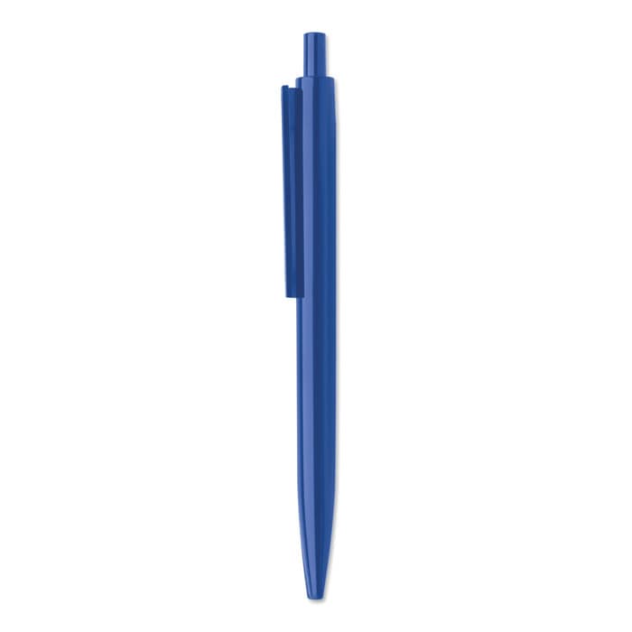 A blue pen with a sleek design and a retractable tip, featuring a clip for easy attachment.