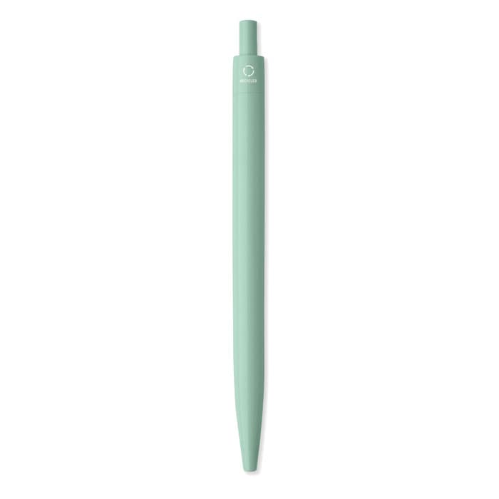 A pen featuring a slim design in a light green colour, with a logo at the top.