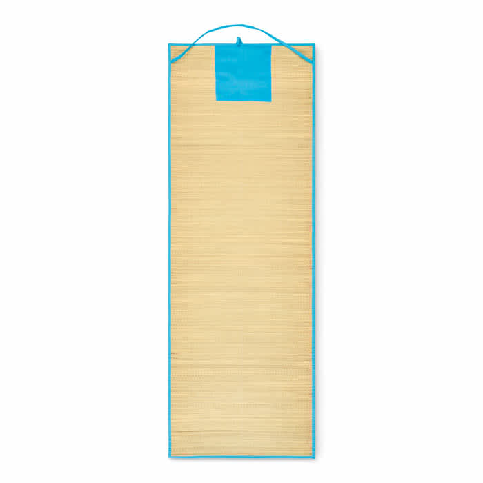 A promotional product named Rafia featuring a beige mat with a blue trim and a hanging loop at the top.
