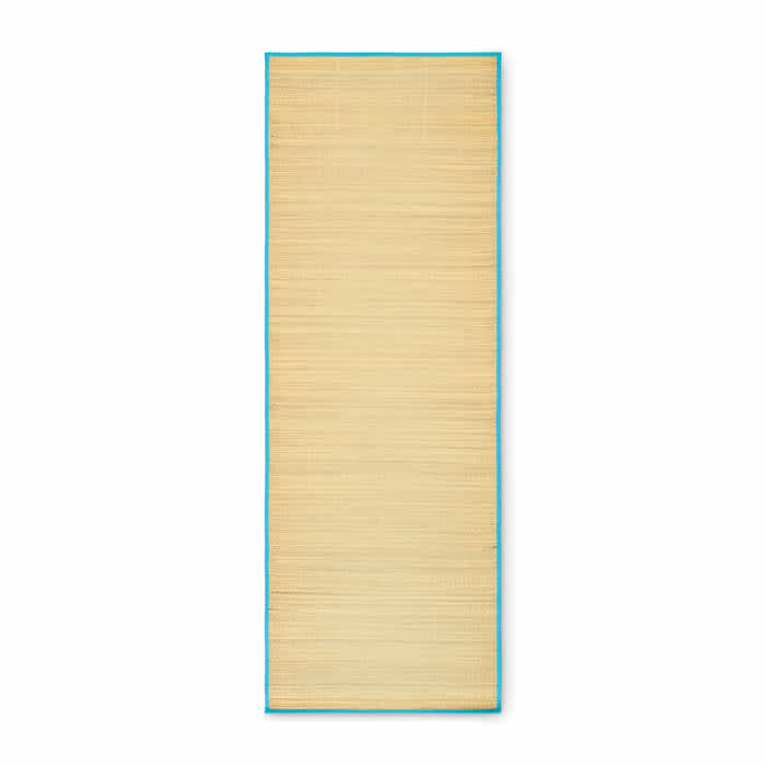 A rectangular mat in beige with a blue border, featuring a textured surface. The product has a simple design.