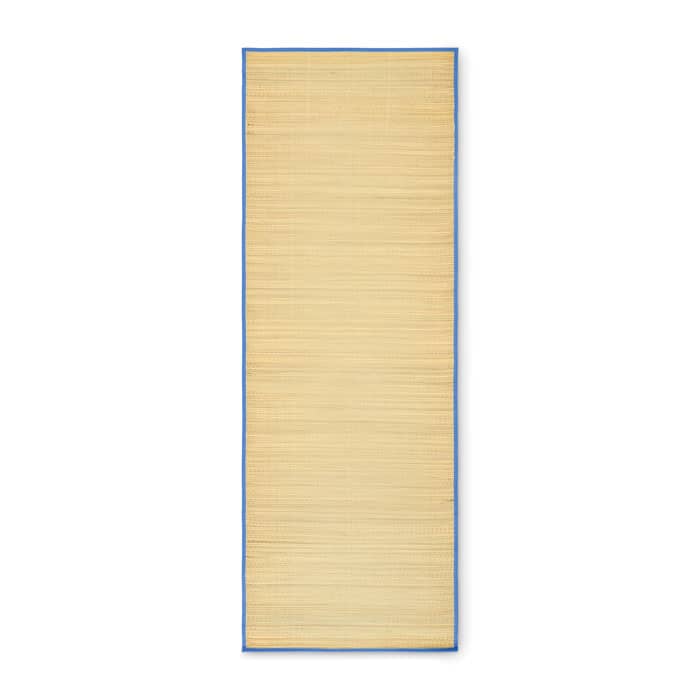 A beige drink bottle mat with blue edges and a smooth texture. It features a logo on one side.