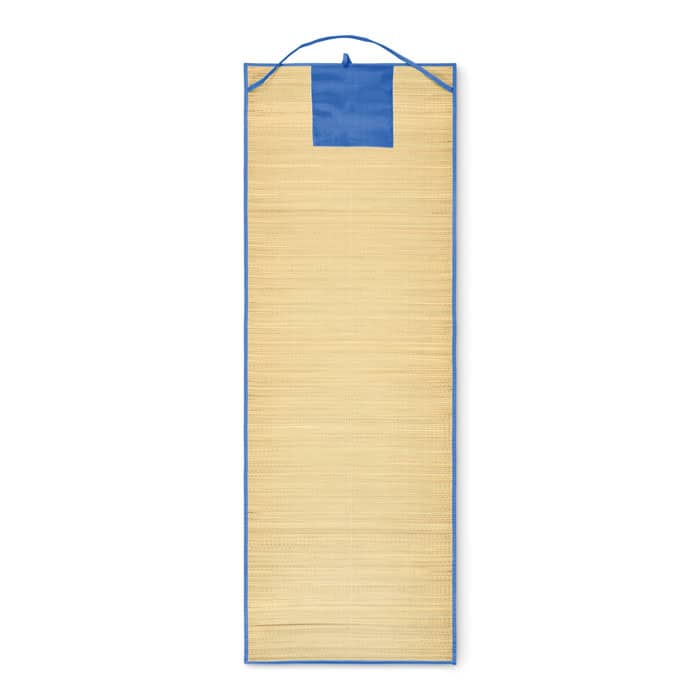 A mat with a beige surface and blue trim, featuring a hanging loop at the top. It includes a logo.