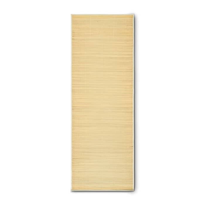 A rug with a textured, neutral beige surface, featuring a minimalist design. It has a subtle, natural finish.