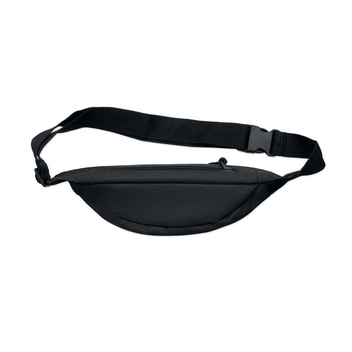 A black waist bag with a curved design and an adjustable strap, featuring a zippered compartment.