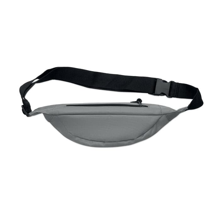 A grey hip pouch with a zippered front pocket and an adjustable strap. It features a simple, sleek design.