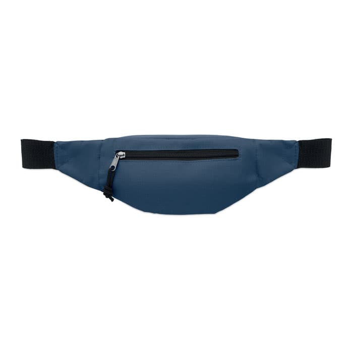 A waist bag in dark blue with a black zippered pocket, featuring an adjustable strap.